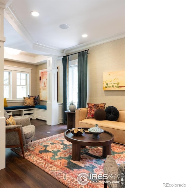 512 Marine St, Boulder, CO 80302 - living area featuring crown molding, ornate columns, dark wood finished floors, plenty of natural light, and recessed lighting