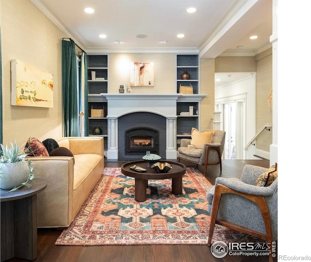 512 Marine St, Boulder, CO 80302 - living room featuring ornamental molding, a fireplace, wood finished floors, recessed lighting, and built in shelves