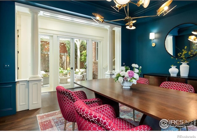 512 Marine St, Boulder, CO 80302 - dining room with decorative columns, wood finished floors, french doors, and crown molding