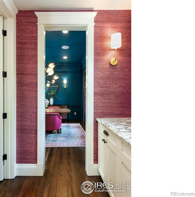 512 Marine St, Boulder, CO 80302 - hallway with dark wood-style flooring and ornamental molding