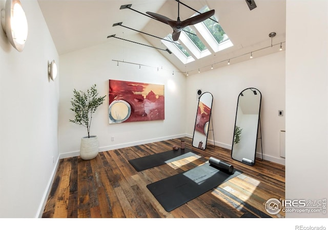 512 Marine St, Boulder, CO 80302 - interior space featuring a skylight, wood finished floors, high vaulted ceiling, ceiling fan, and rail lighting