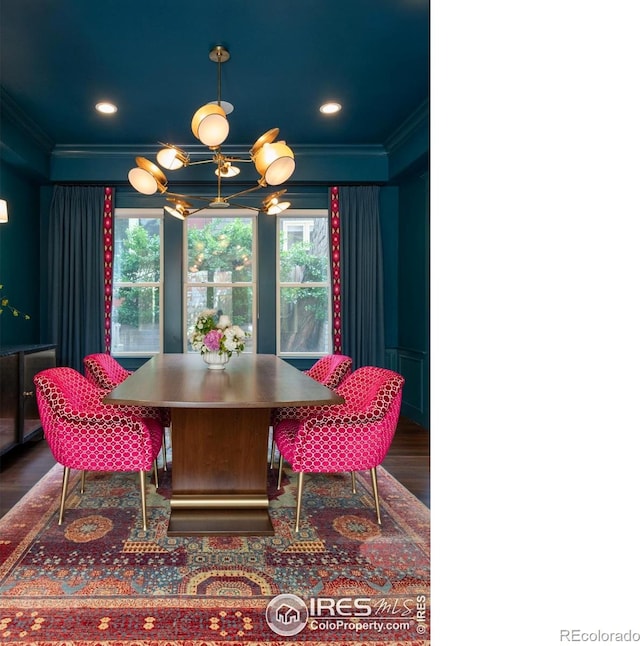 512 Marine St, Boulder, CO 80302 - dining space with crown molding, a chandelier, wood finished floors, and recessed lighting