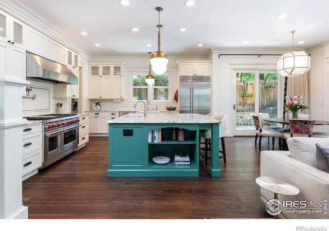 512 Marine St, Boulder, CO 80302 - kitchen with high quality appliances, under cabinet range hood, crown molding, white cabinets, and open shelves