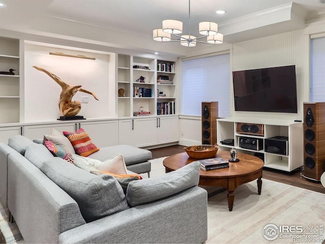 512 Marine St, Boulder, CO 80302 - living area featuring ornamental molding, dark wood-type flooring, a chandelier, recessed lighting, and built in shelves