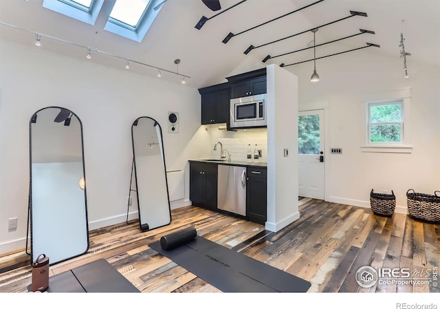 512 Marine St, Boulder, CO 80302 - kitchen featuring stainless steel appliances, vaulted ceiling, a skylight, light wood-style flooring, and rail lighting