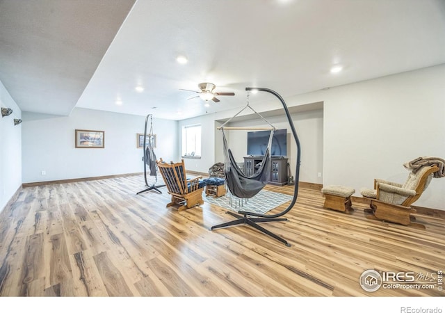 1897 Holloway Dr, Windsor, CO 80550 - workout area with wood finished floors, a ceiling fan, and recessed lighting