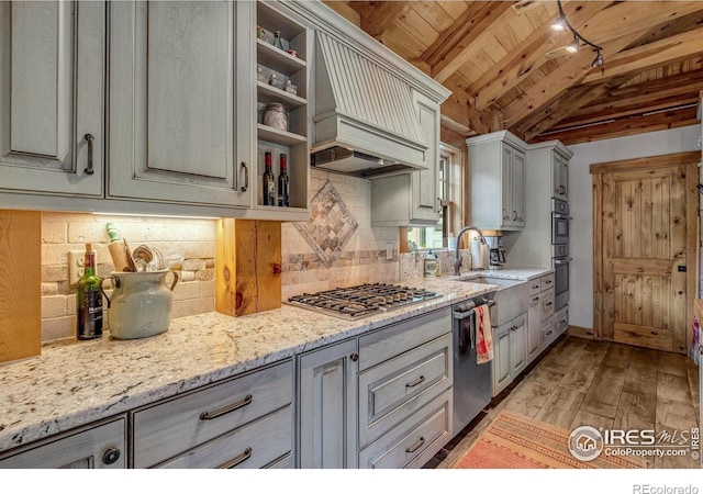 2055 Siskin Dr, Estes Park, CO 80517 - kitchen featuring appliances with stainless steel finishes, wooden ceiling, gray cabinetry, light wood-style floors, and custom exhaust hood