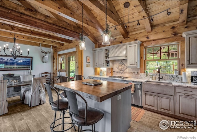 2055 Siskin Dr, Estes Park, CO 80517 - kitchen featuring appliances with stainless steel finishes, butcher block counters, wooden ceiling, light wood-style flooring, and a kitchen bar