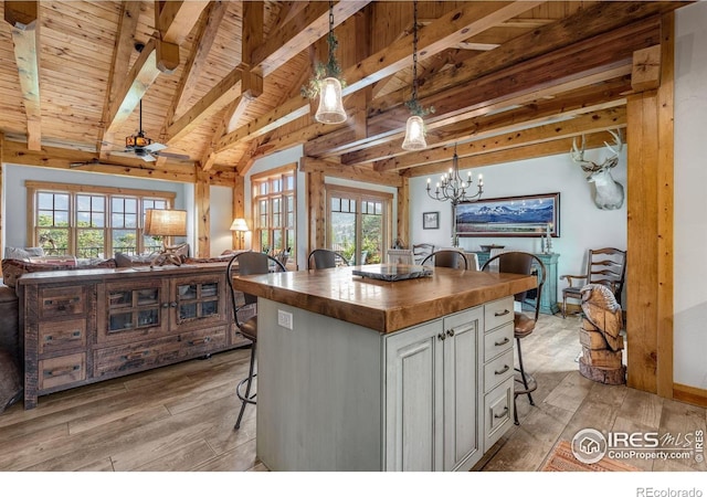 2055 Siskin Dr, Estes Park, CO 80517 - kitchen featuring wood counters, open floor plan, light wood-style flooring, wood ceiling, and a breakfast bar