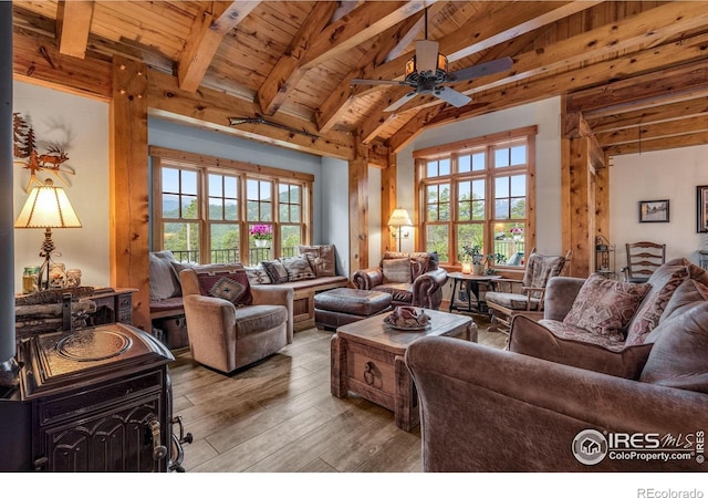 2055 Siskin Dr, Estes Park, CO 80517 - living area featuring wood ceiling, wood-type flooring, and ceiling fan