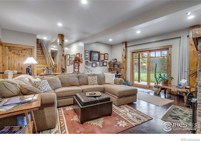 2055 Siskin Dr, Estes Park, CO 80517 - living room with recessed lighting and stairway