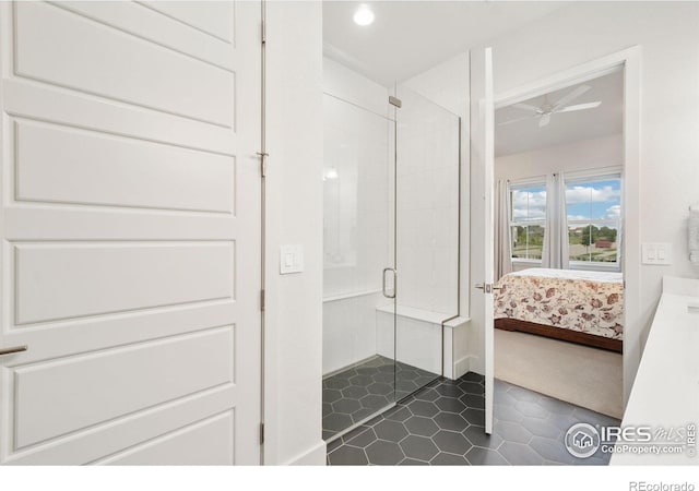 1911 Morningstar Way Unit 2, Fort Collins, CO 80524 - ensuite bathroom with a shower stall, a ceiling fan, tile patterned flooring, and recessed lighting