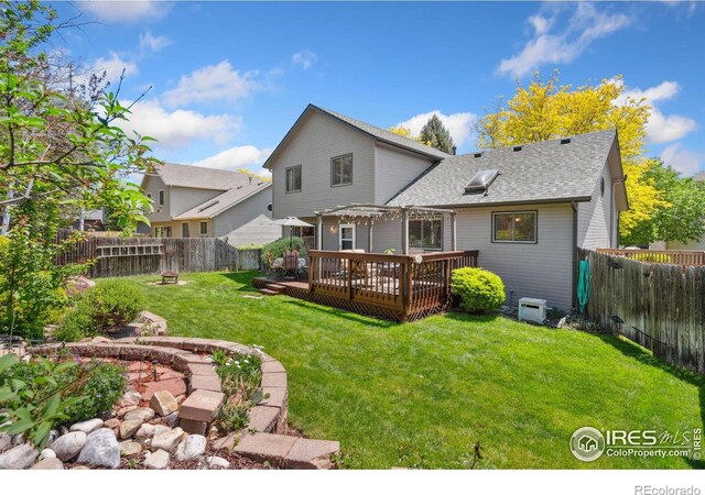 1967 Rangely Ct, Loveland, CO 80538 - rear view of house with a wooden deck, a fenced backyard, and roof with shingles