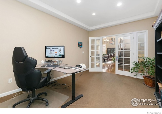 6582 Spanish Bay Dr, Windsor, CO 80550 - office with french doors, carpet floors, recessed lighting, and a chandelier