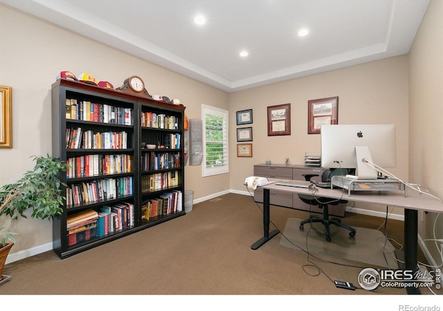 6582 Spanish Bay Dr, Windsor, CO 80550 - carpeted office space with recessed lighting and a tray ceiling