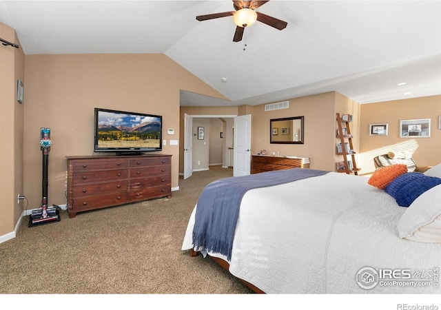 6582 Spanish Bay Dr, Windsor, CO 80550 - bedroom featuring carpet, lofted ceiling, ceiling fan, and recessed lighting