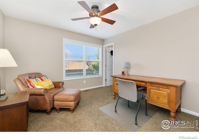 6582 Spanish Bay Dr, Windsor, CO 80550 - carpeted home office with baseboards and ceiling fan