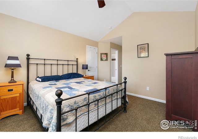 6582 Spanish Bay Dr, Windsor, CO 80550 - bedroom featuring dark colored carpet, vaulted ceiling, and ceiling fan