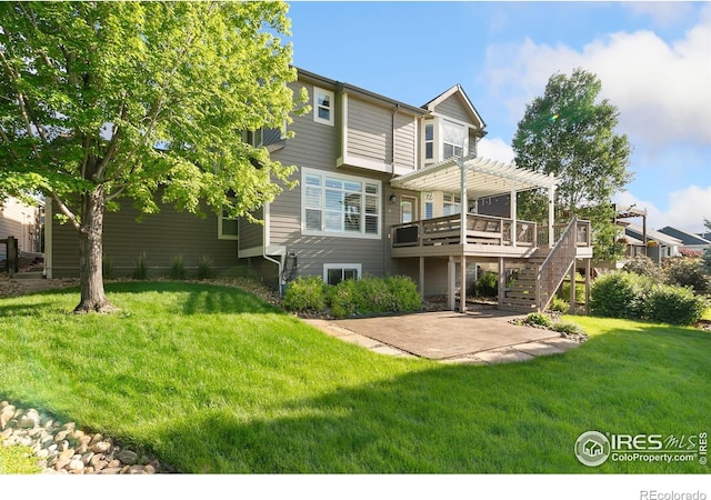 6582 Spanish Bay Dr, Windsor, CO 80550 - rear view of house with a pergola, a wooden deck, a patio, and a lawn