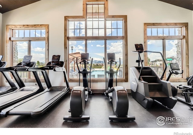 2770 Bear Springs Cir, Longmont, CO 80503 - workout area featuring lofted ceiling and wood ceiling