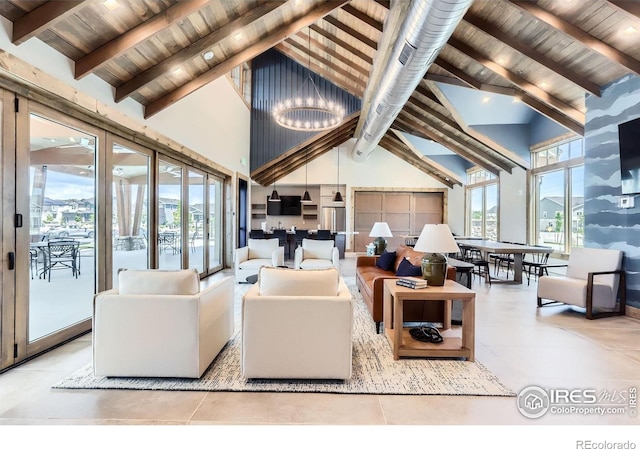 2770 Bear Springs Cir, Longmont, CO 80503 - common area featuring a wood ceiling with exposed beams and high vaulted ceiling