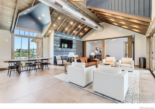 2770 Bear Springs Cir, Longmont, CO 80503 - living room with high vaulted ceiling, tile patterned flooring, and a wooden ceiling with exposed beams