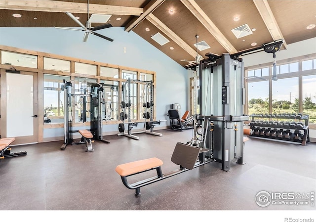 2770 Bear Springs Cir, Longmont, CO 80503 - gym featuring a ceiling fan, high vaulted ceiling, beam ceiling, and recessed lighting