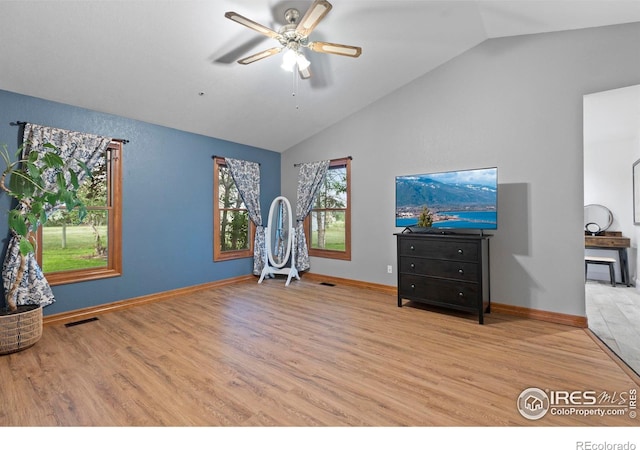 991 Peaceful View Pl, Johnstown, CO 80534 - bedroom featuring lofted ceiling, wood finished floors, and ceiling fan