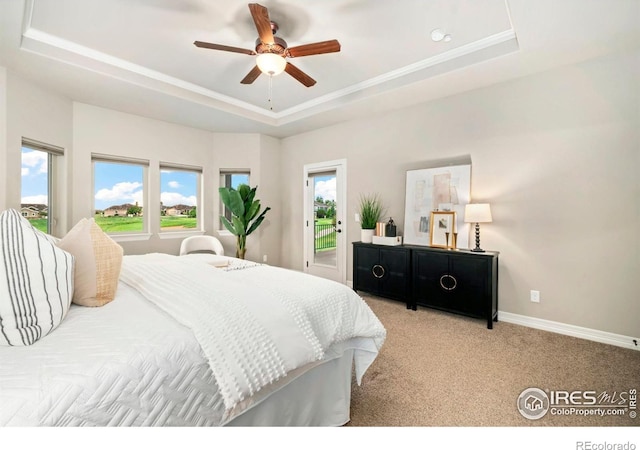5954 Black Lion Ct, Windsor, CO 80550 - carpeted bedroom with a tray ceiling, access to outside, and a ceiling fan
