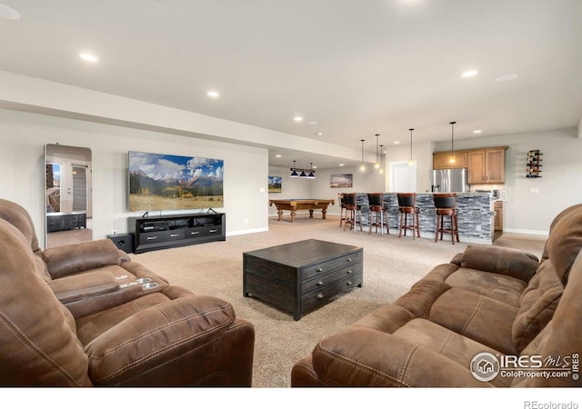 5954 Black Lion Ct, Windsor, CO 80550 - living room featuring light colored carpet, pool table, and recessed lighting