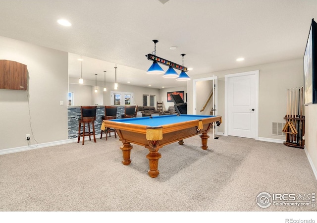 5954 Black Lion Ct, Windsor, CO 80550 - playroom featuring pool table, carpet floors, recessed lighting, and a bar