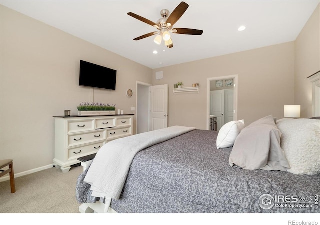 4822 Wildflower Pl, Dacono, CO 80514 - bedroom with light colored carpet, recessed lighting, and a ceiling fan