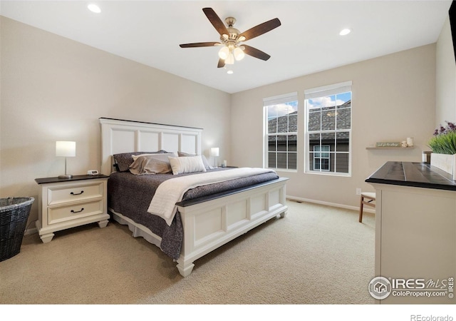 4822 Wildflower Pl, Dacono, CO 80514 - bedroom with light colored carpet, recessed lighting, and a ceiling fan