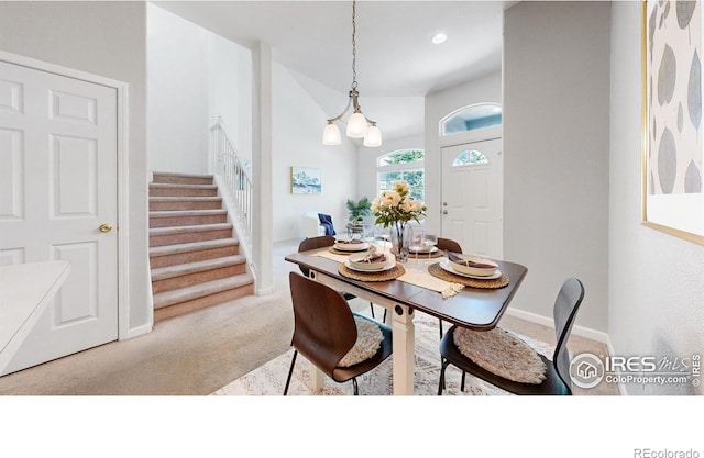 1839 Laurus Ln, Johnstown, CO 80534 - dining area with carpet flooring, stairway, and recessed lighting