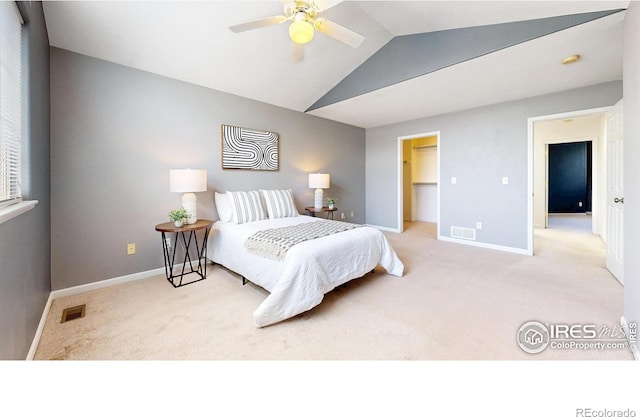 1839 Laurus Ln, Johnstown, CO 80534 - bedroom featuring carpet, vaulted ceiling, a spacious closet, and ceiling fan