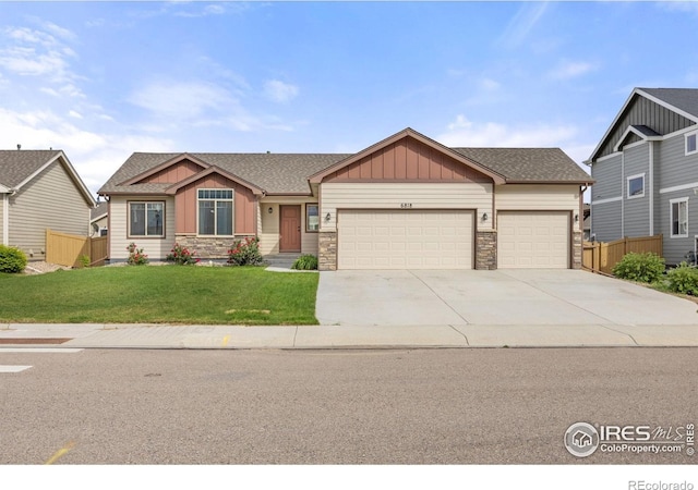 6818 Meadow Rain Way, Wellington, CO 80549 - craftsman house with board and batten siding, an attached garage, stone siding, driveway, and roof with shingles