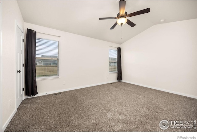 6818 Meadow Rain Way, Wellington, CO 80549 - empty room with vaulted ceiling, carpet, and a ceiling fan