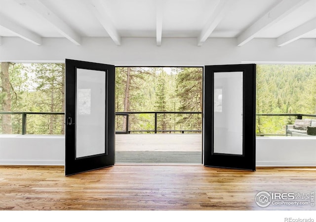 781 Cold Springs Rd, Nederland, CO 80466 - doorway featuring beam ceiling, wood finished floors, and a view of trees