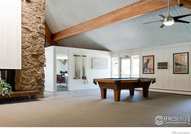 3345 Chisholm Trl Unit 206, Boulder, CO 80301 - playroom with carpet, ceiling fan, billiards table, beam ceiling, and high vaulted ceiling
