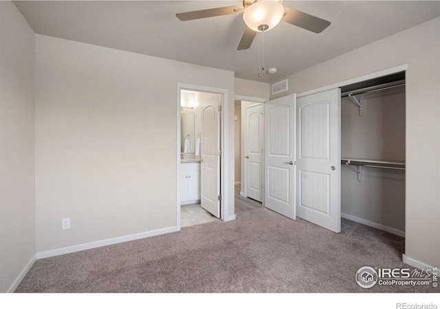 4216 Yellowbells Dr, Evans, CO 80620 - unfurnished bedroom with carpet floors, a closet, connected bathroom, and a ceiling fan