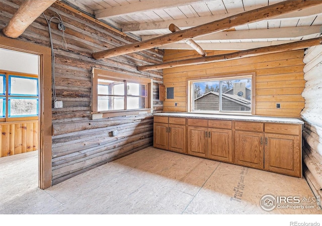 8451 Peak To Peak Hwy, Allenspark, CO 80510 - kitchen featuring beamed ceiling, log walls, brown cabinetry, and light countertops