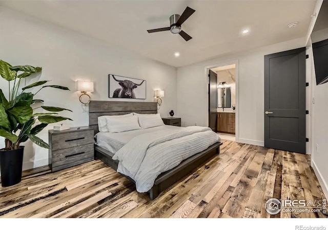 1109 Neon Forest Cir # 2, Longmont, CO 80504 - bedroom featuring light wood-style floors, recessed lighting, connected bathroom, and ceiling fan