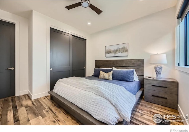 1109 Neon Forest Cir # 2, Longmont, CO 80504 - bedroom featuring a closet, wood finished floors, recessed lighting, and ceiling fan