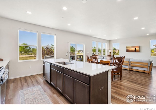 3775 Ginkgo St, Wellington, CO 80549 - kitchen featuring light wood finished floors, dark brown cabinetry, stainless steel gas range oven, a kitchen island with sink, and recessed lighting