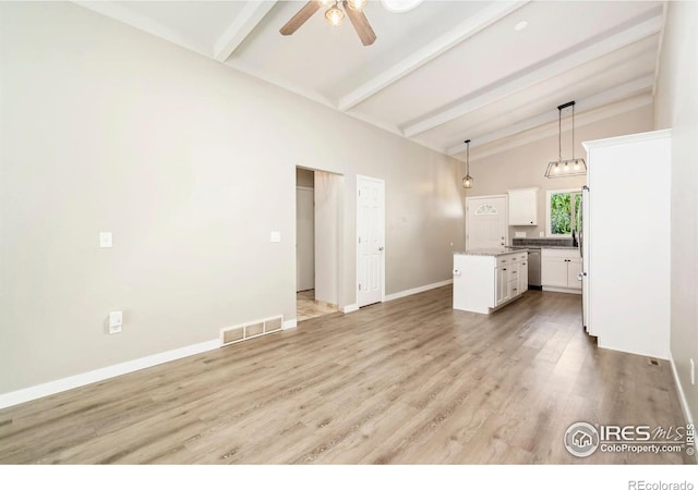 3012 Anchor Way Unit 3, Fort Collins, CO 80525 - unfurnished living room with beamed ceiling, ceiling fan, wood finished floors, and high vaulted ceiling