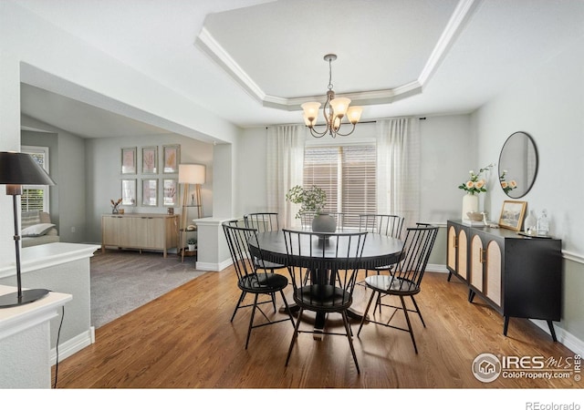 8356 Louden Circle Ft, Collins, CO 80528 - dining room with radiator, wood finished floors, a chandelier, and a raised ceiling
