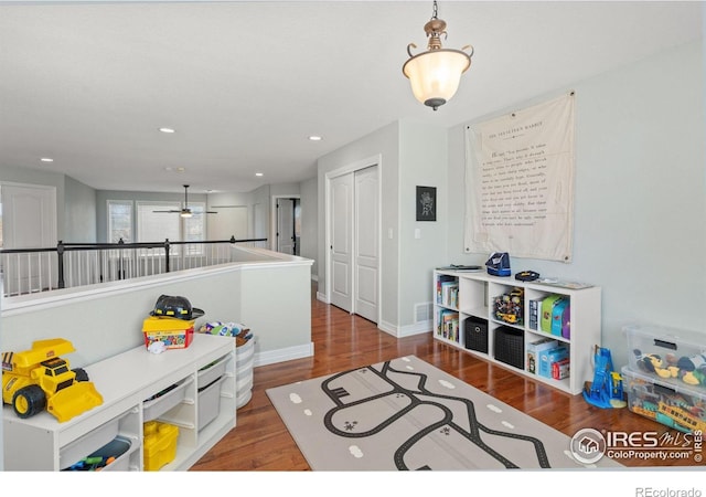 8356 Louden Circle Ft, Collins, CO 80528 - rec room featuring wood finished floors, ceiling fan, and recessed lighting