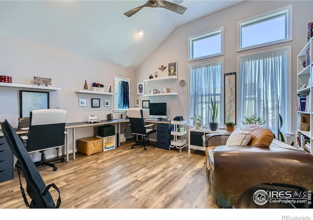 1419 W 67th Ave, Denver, CO 80221 - office featuring high vaulted ceiling, ceiling fan, and wood finished floors
