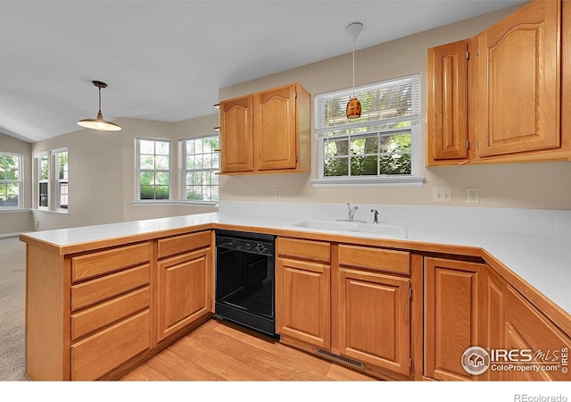 3132 Concord Way, Longmont, CO 80503 - kitchen featuring black dishwasher, a peninsula, decorative light fixtures, light countertops, and light wood-type flooring