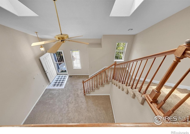 3132 Concord Way, Longmont, CO 80503 - entryway with a skylight, carpet floors, stairway, and ceiling fan
